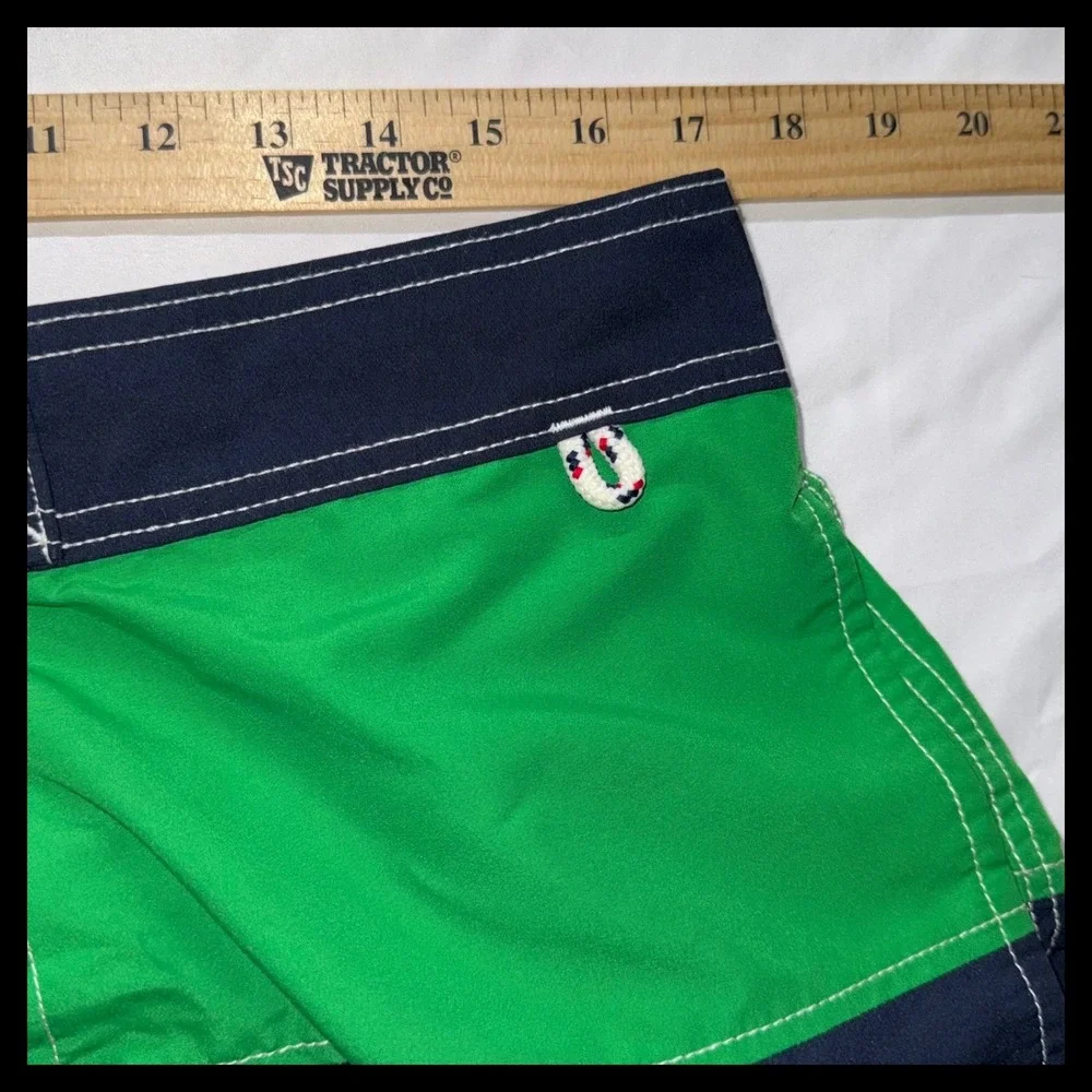 Lands' End Swim Trunks Mens L Green Navy Striped Board Shorts Beachwear